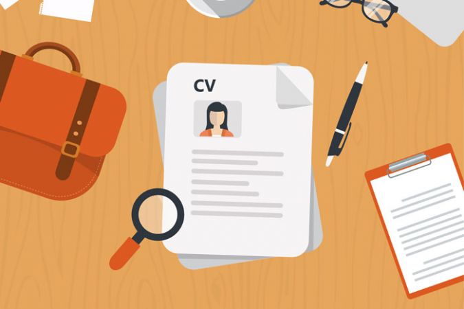 A graphic showing a CV on a desk