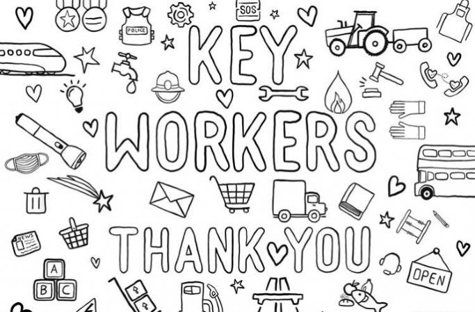 A hand-drawn picture of different key worker professions with the text "Key workers - thank you"